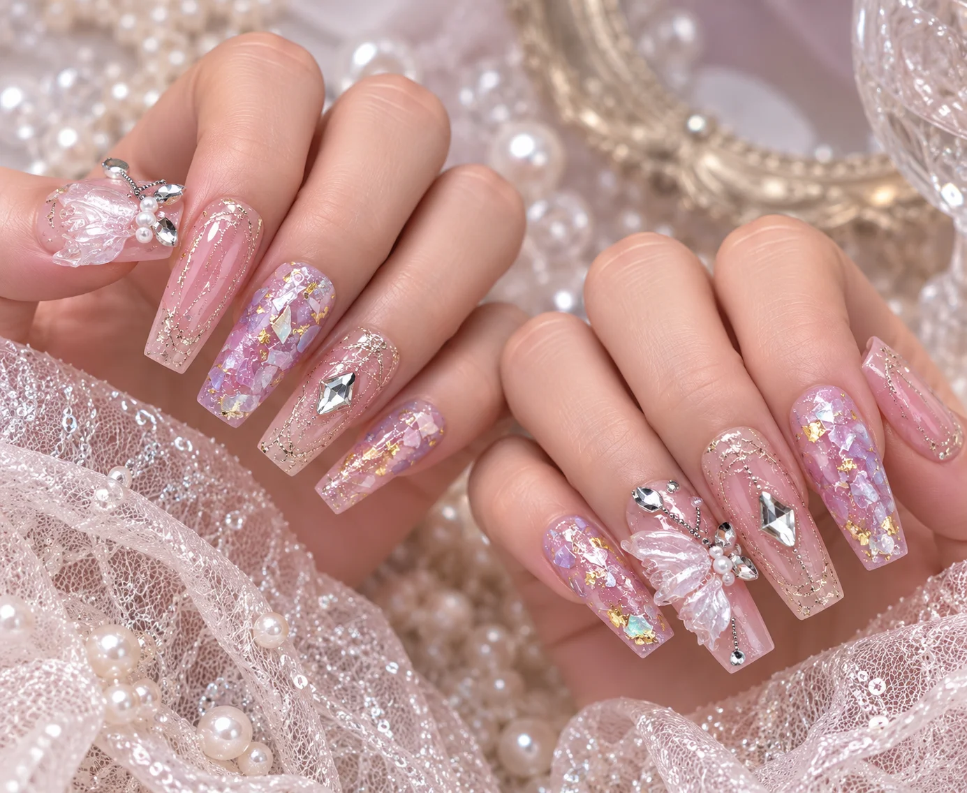 Dreamy Pink‑Purple Butterfly Shell | Lilac Pink Bow & Rhinestone Press-On Nails
