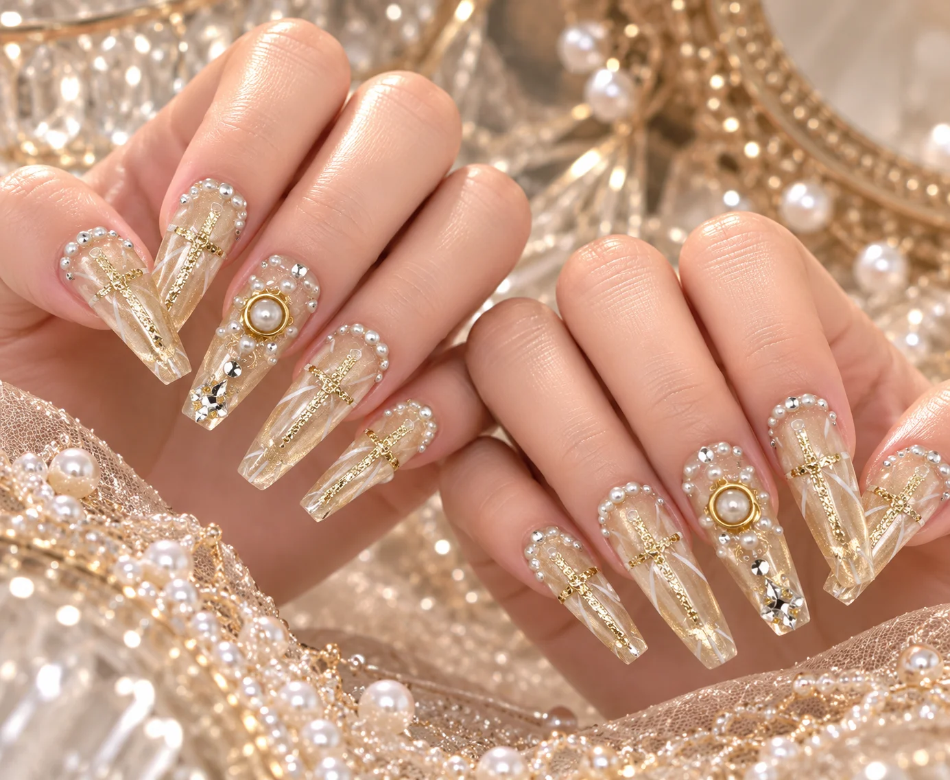 Vintage‑Gold‑Foil Cross‑Church | Champagne Gold Chain Bow Press-On Nails
