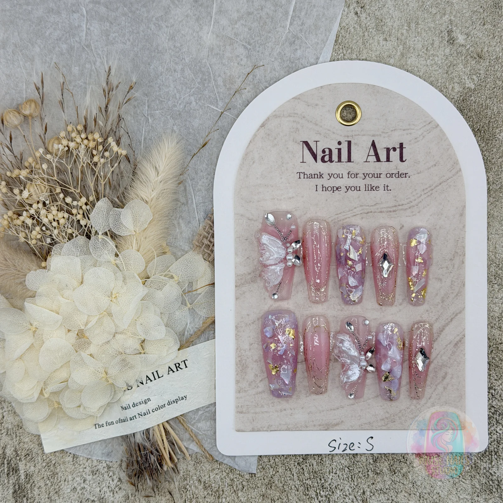 Dreamy Pink‑Purple Butterfly Shell | Lilac Pink Bow & Rhinestone Press-On Nails