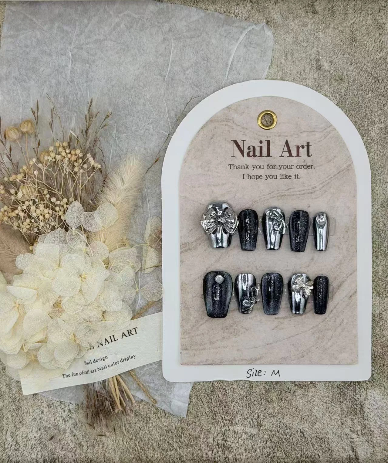 Silver Midnight Bow | Black & Chrome Bow Press-On Nails