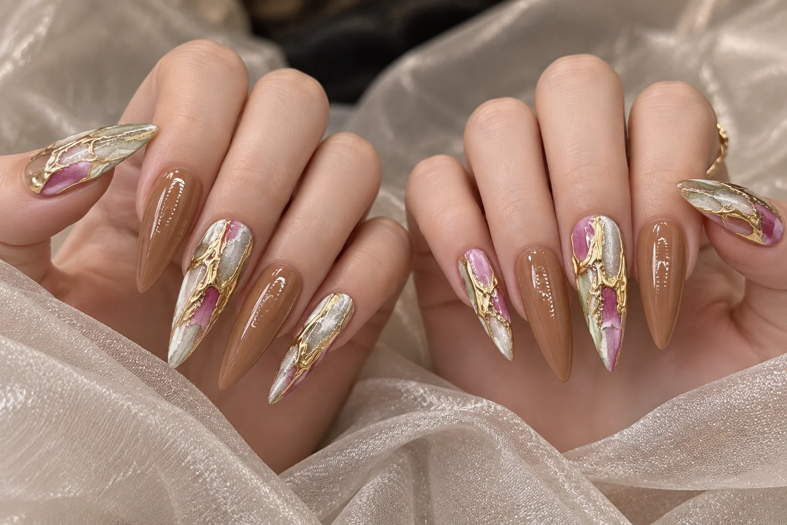 Monet‑Style Gilded Abstract Wash| Nude Brown Gold Flame Press-On Nails