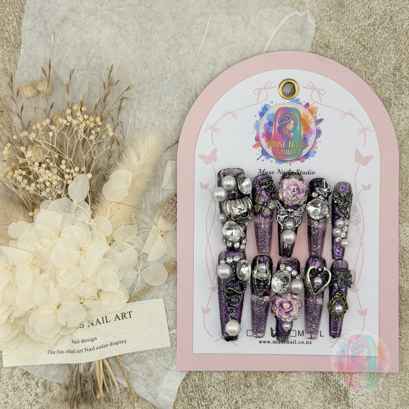 Purple Night Enchantment | Gothic Gem Rose, Pearl & Shaker Press-On Nails