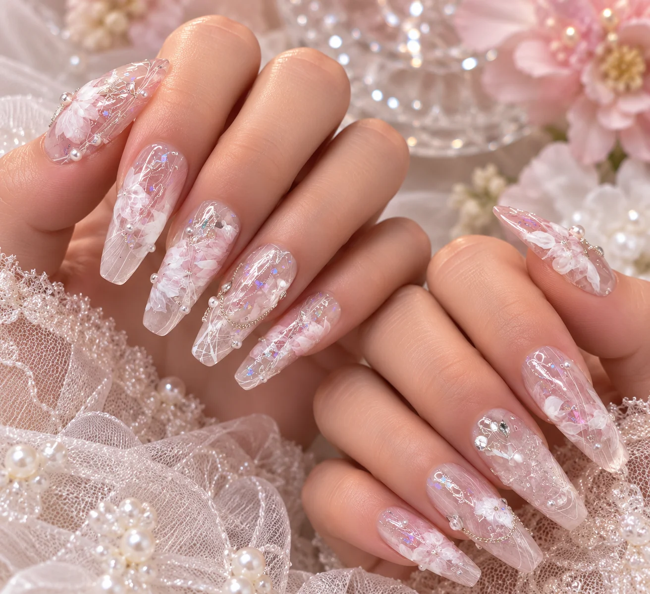 Pink Shimmer | Pink Crystal Glitter Bow Press-On Nails