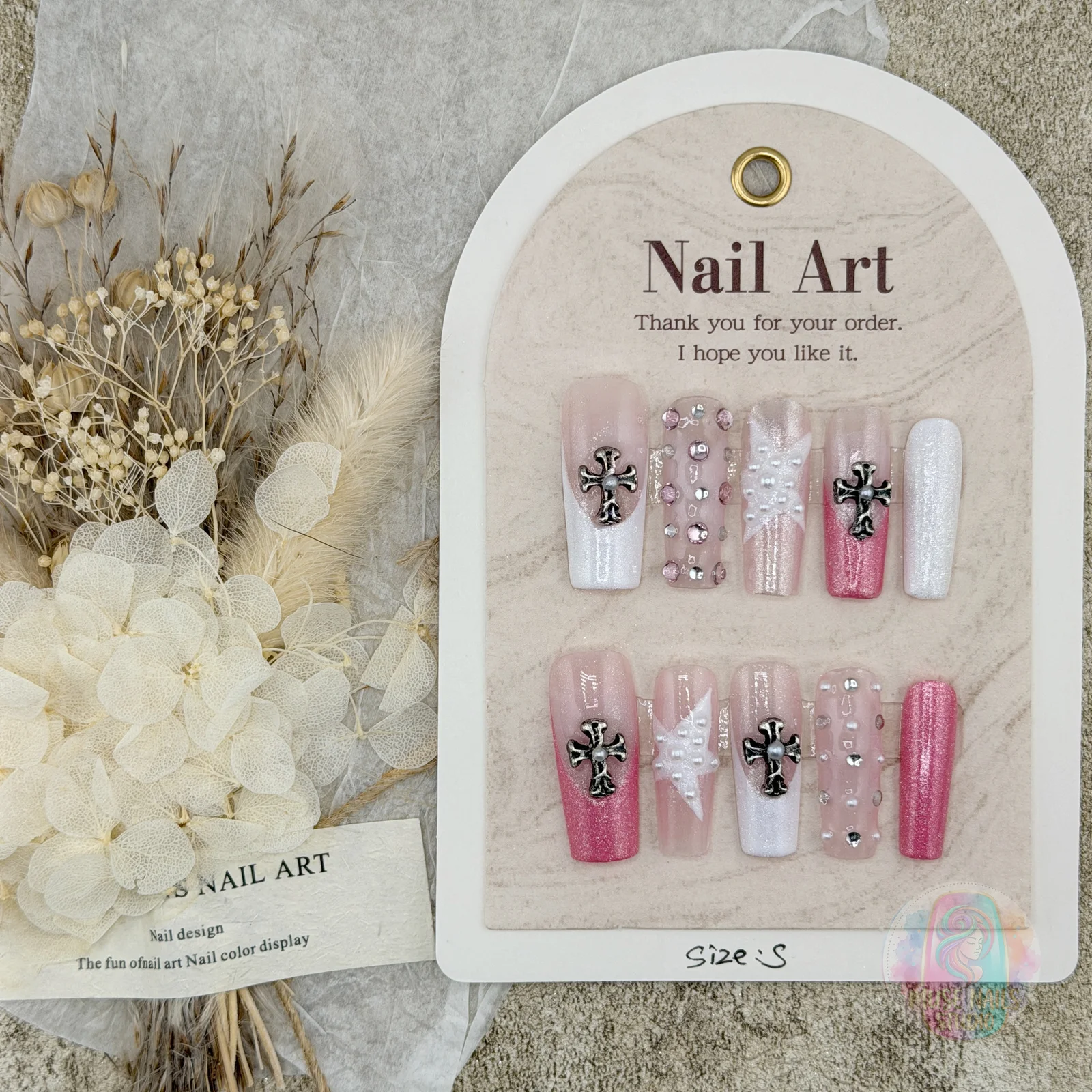 Cross of Light | Pink & White Cross Glitter Press-On Nails