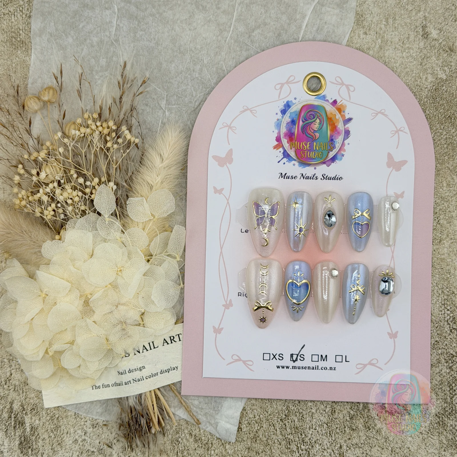 Moon‑Star‑Dream Lavender‑Butterfly | Blue & White Heart Bow Press-On Nails