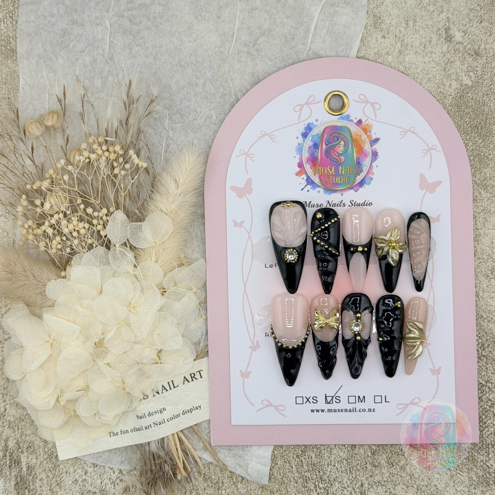 French‑Style Black‑Trim Gold Bow | Black & Gold Bow Pearl Press-On Nails