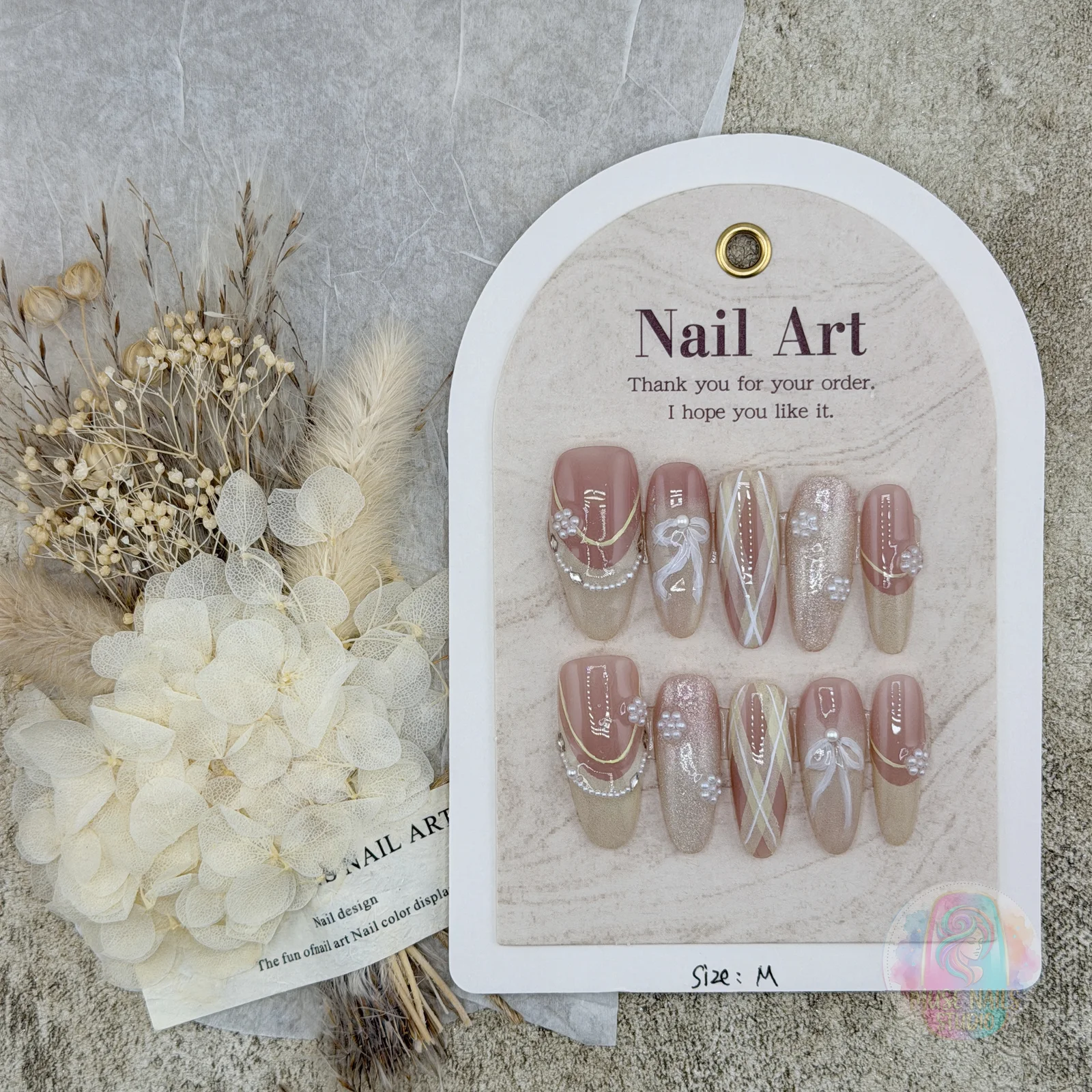 K‑style Ribbon & Pearl Ballet‑Girl | Nude Pearl Chain Press-On Nails