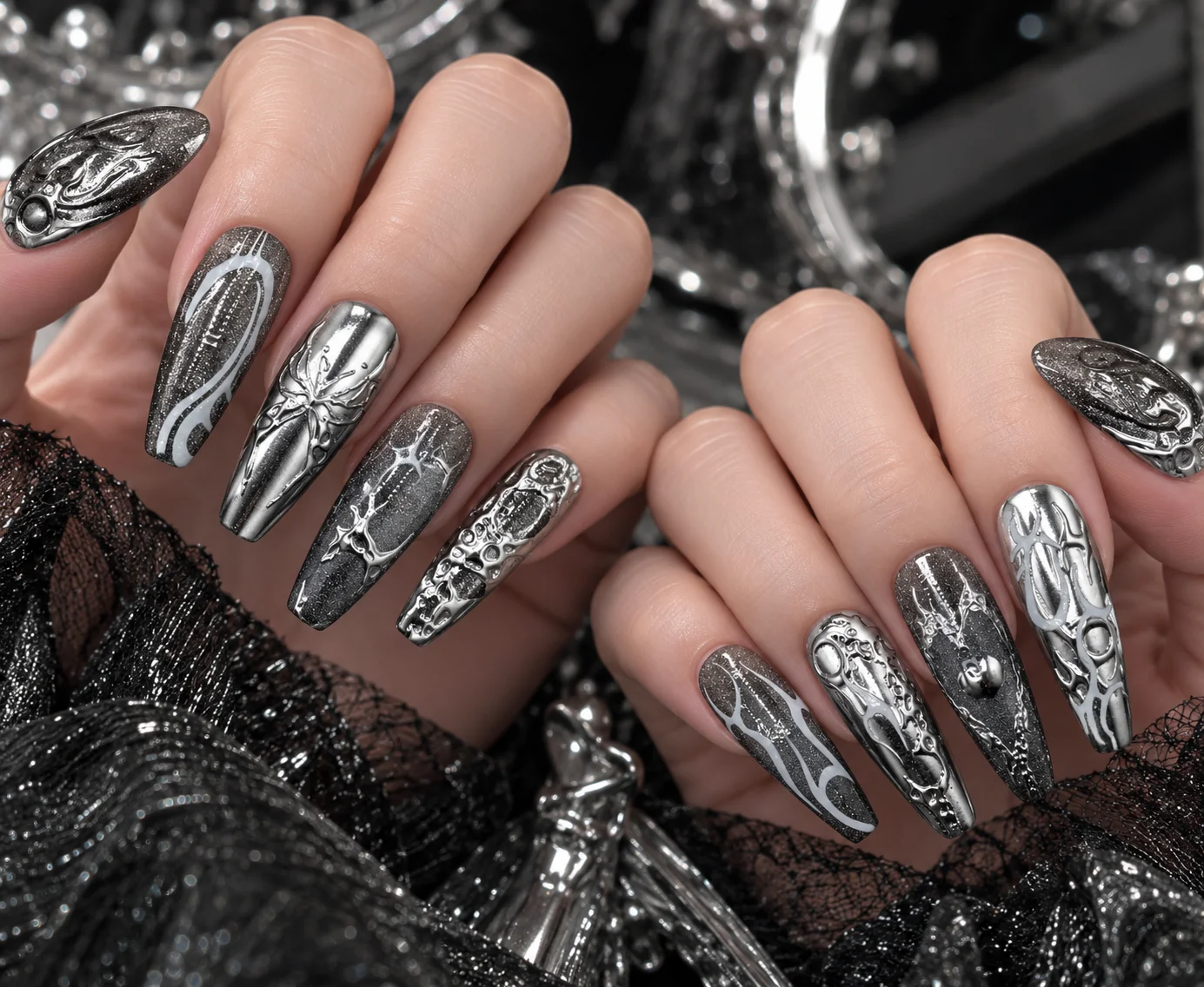 Cyber Dark Metal Spider | Black Silver Marble Pattern Press-on Nails