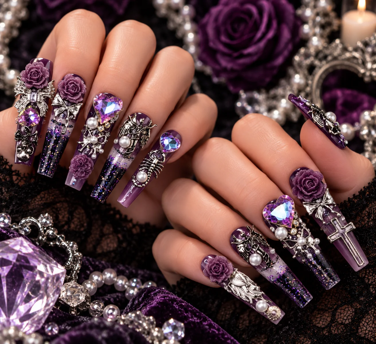 Gothic Purple Rose | Gothic Purple & Black Rose Shaker Press-On Nails