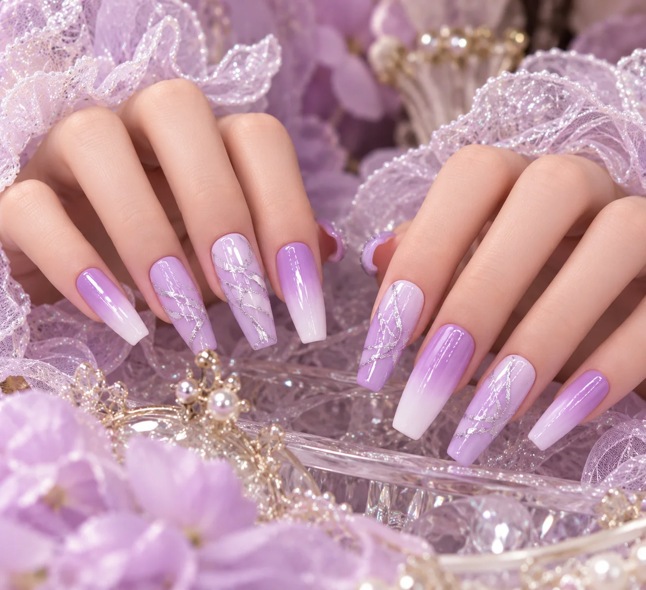 💜香芋紫渐变银闪｜温柔梦幻手工穿戴甲