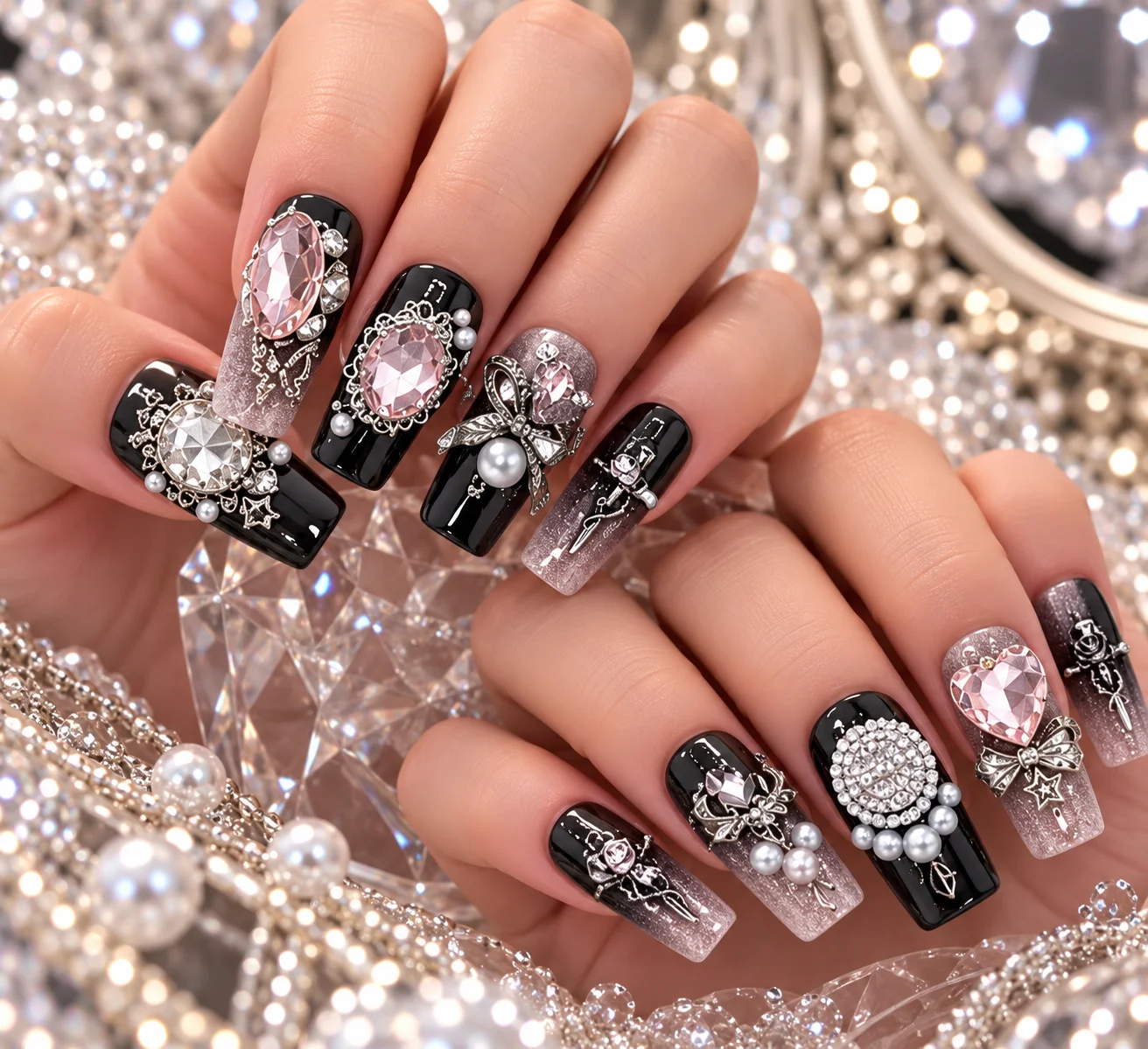 Obsidian Vault | Black & Purple Statement Rhinestone Press-On Nails