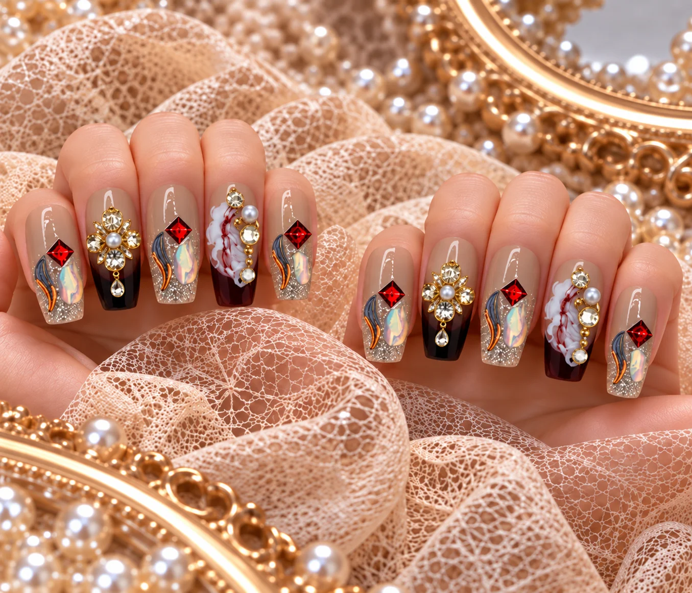 Black Gold Geometry | Nude Black Gold Press-On Nails