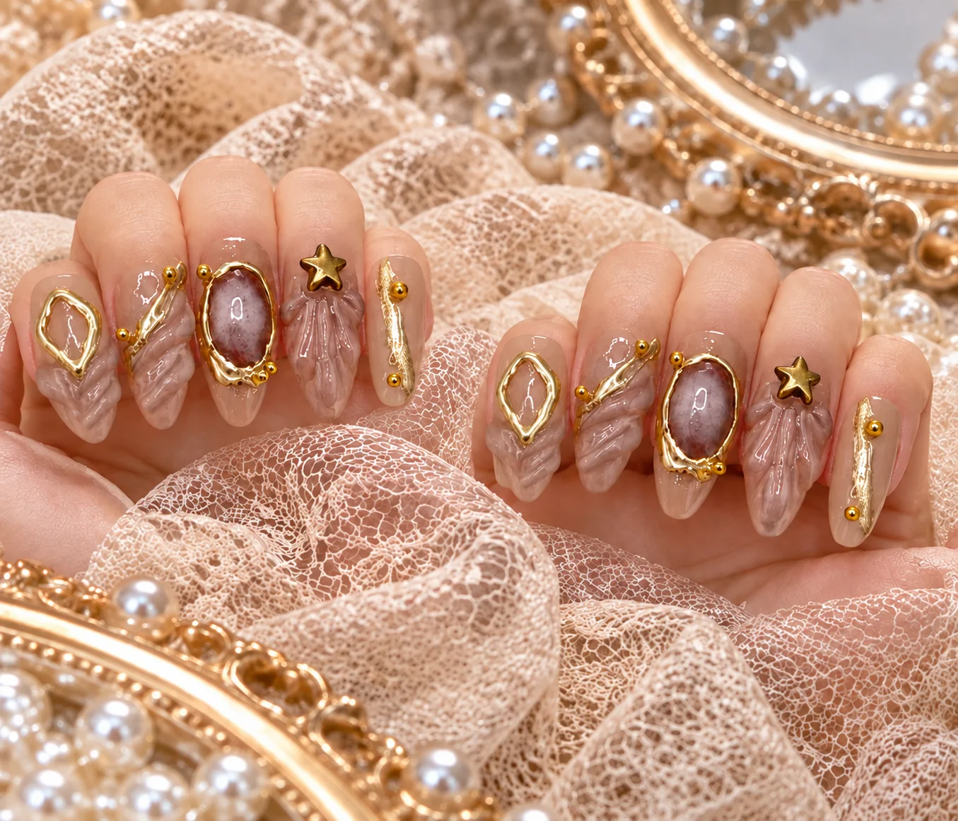 Nude Gold Heart | Nude Pink Heart Press-On Nails