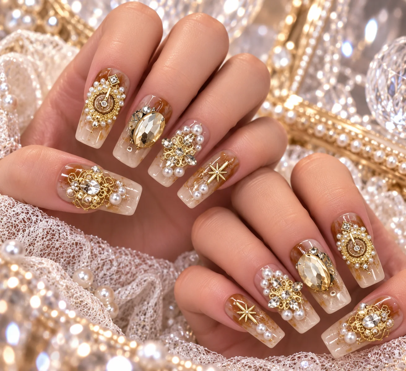 Golden Cross | Sheer Gold Cross Pearl Press-On Nails