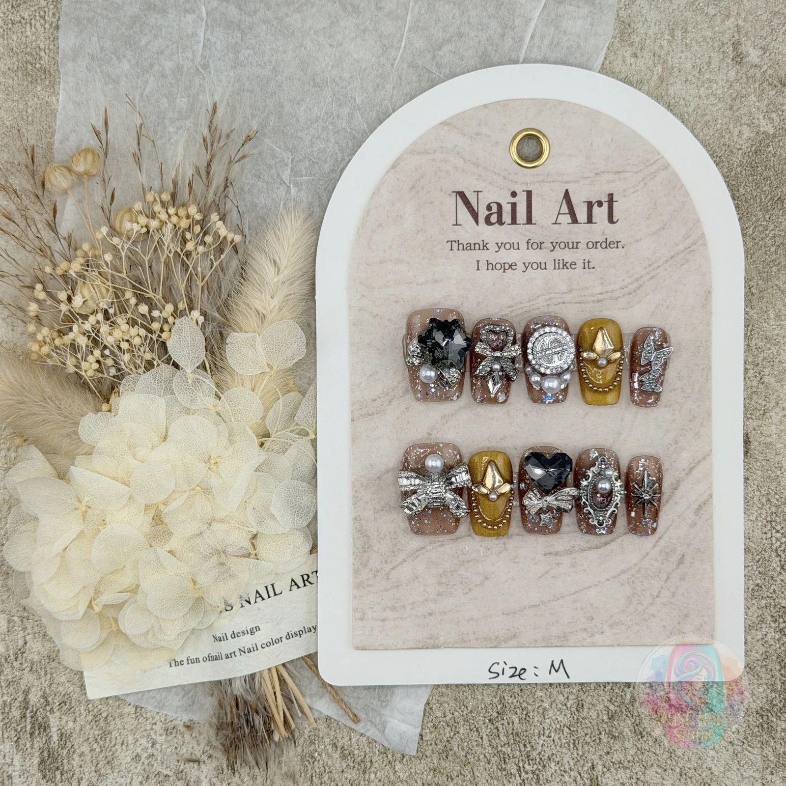 Black Gold Scatter | Black & Gold Rhinestone Bow Press-On Nails