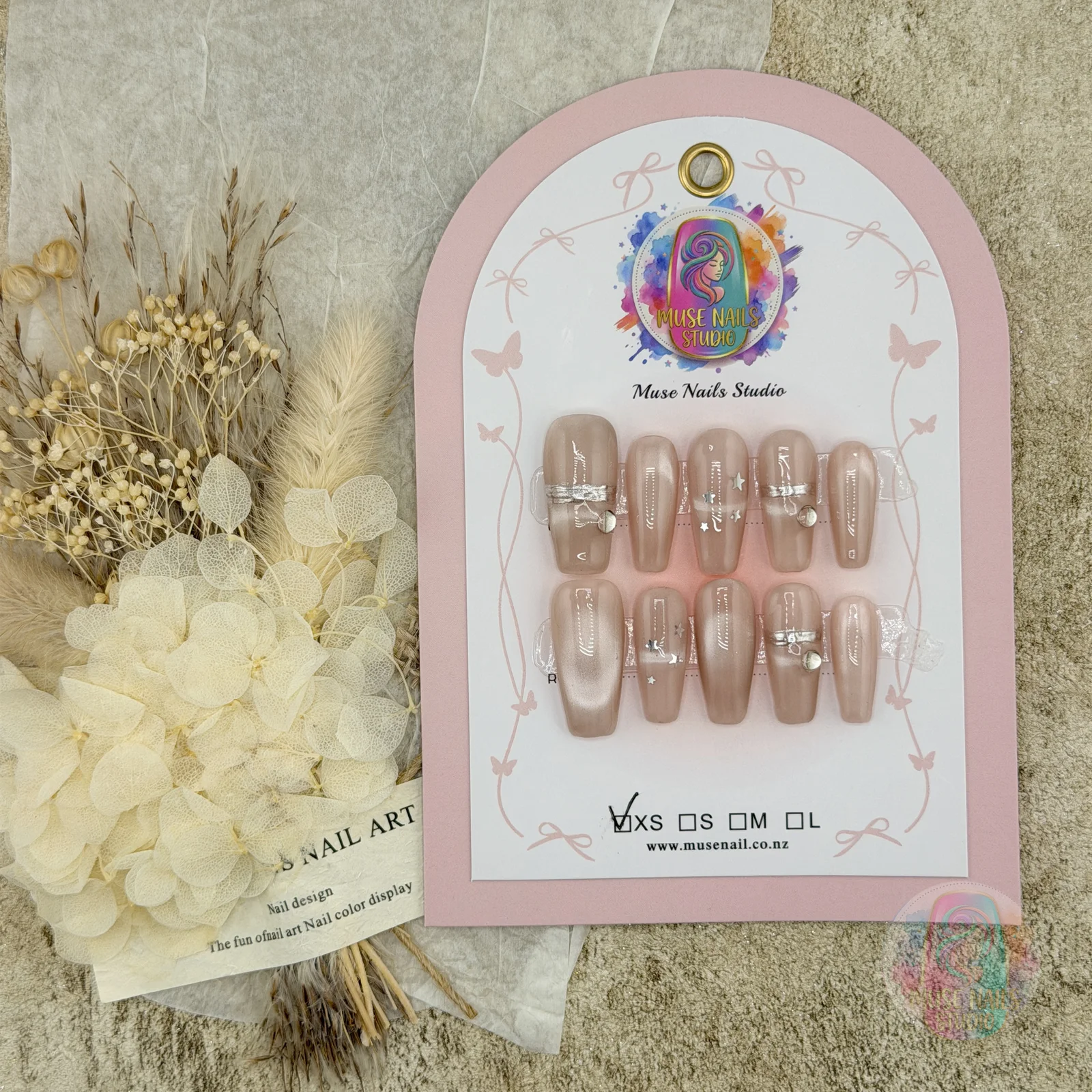 Milk Tea Nude | Blush Pink Rhinestone Bow Press-On Nails