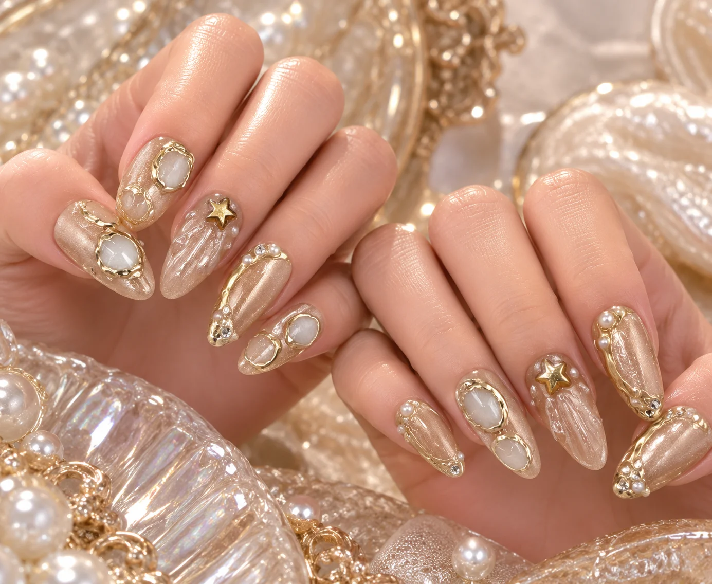 Nude‑Pink Shell‑Relief Gold‑Gilded | Nude Gold Ring & Star Press-On Nails