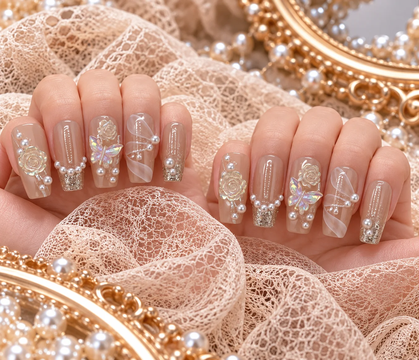 Golden Flutter | Nude Pink Gold Butterfly Press-On Nails