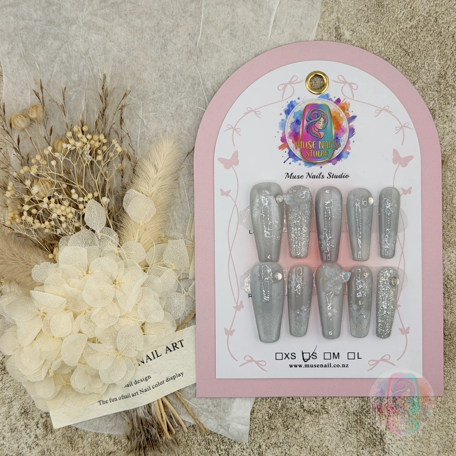 Silver Galaxy | Grey Glitter Rhinestone Press-On Nails