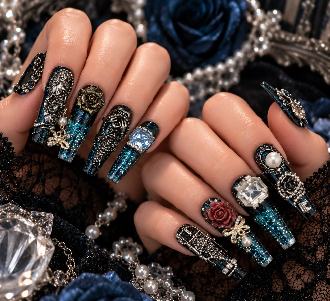 Dark Thorn Rose | Emerald Thorn Shaker Rose Press-On Nails
