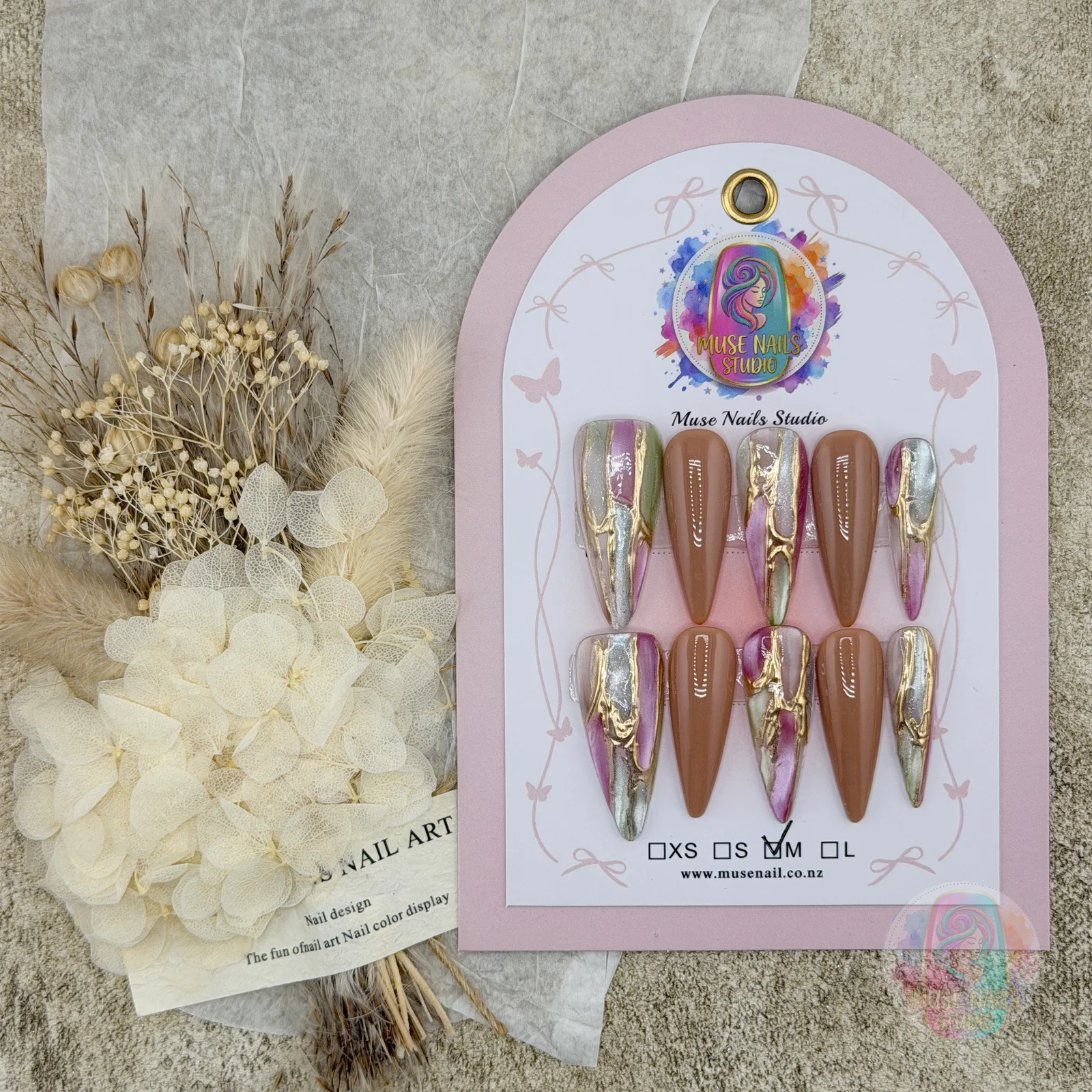 Monet‑Style Gilded Abstract Wash| Nude Brown Gold Flame Press-On Nails