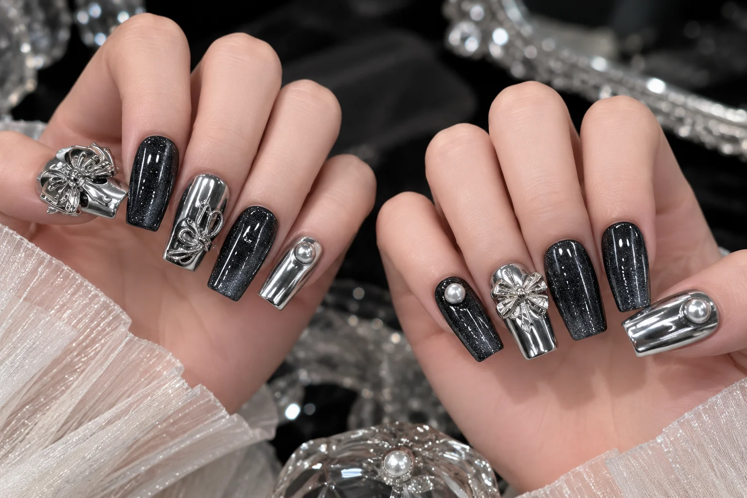 Silver Midnight Bow | Black & Chrome Bow Press-On Nails