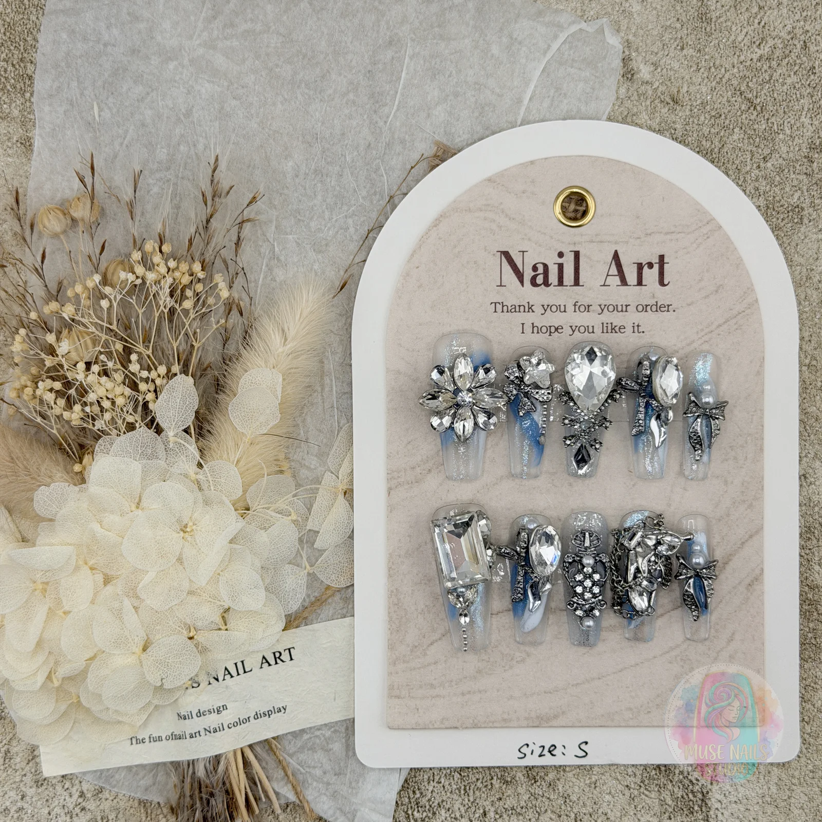 Blue Diamond Bow | Blue & White Bow Rhinestone Press-On Nails