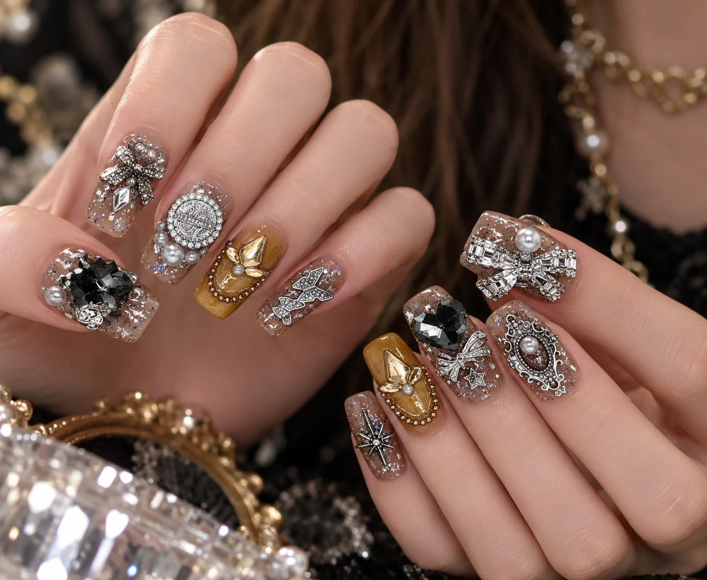 Black Gold Scatter | Rhinestone Bow Press-On Nails