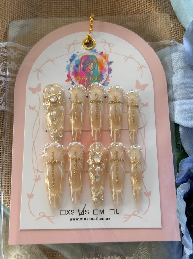 奢华鎏金十字架水钻穿戴甲|高级香槟金