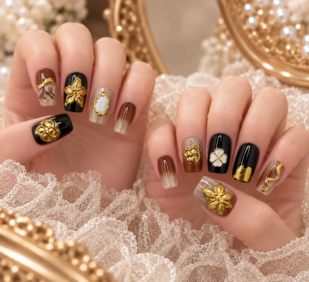 Gilded Bouquet | Black & Gold Gold-Foil Press-On Nails