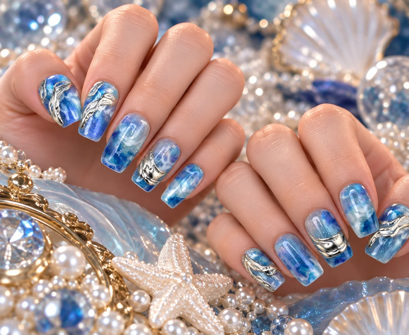 Ocean‑Blue Nebula Gold‑Fluid | Blue Cat-Eye Gold Line Press-On Nails