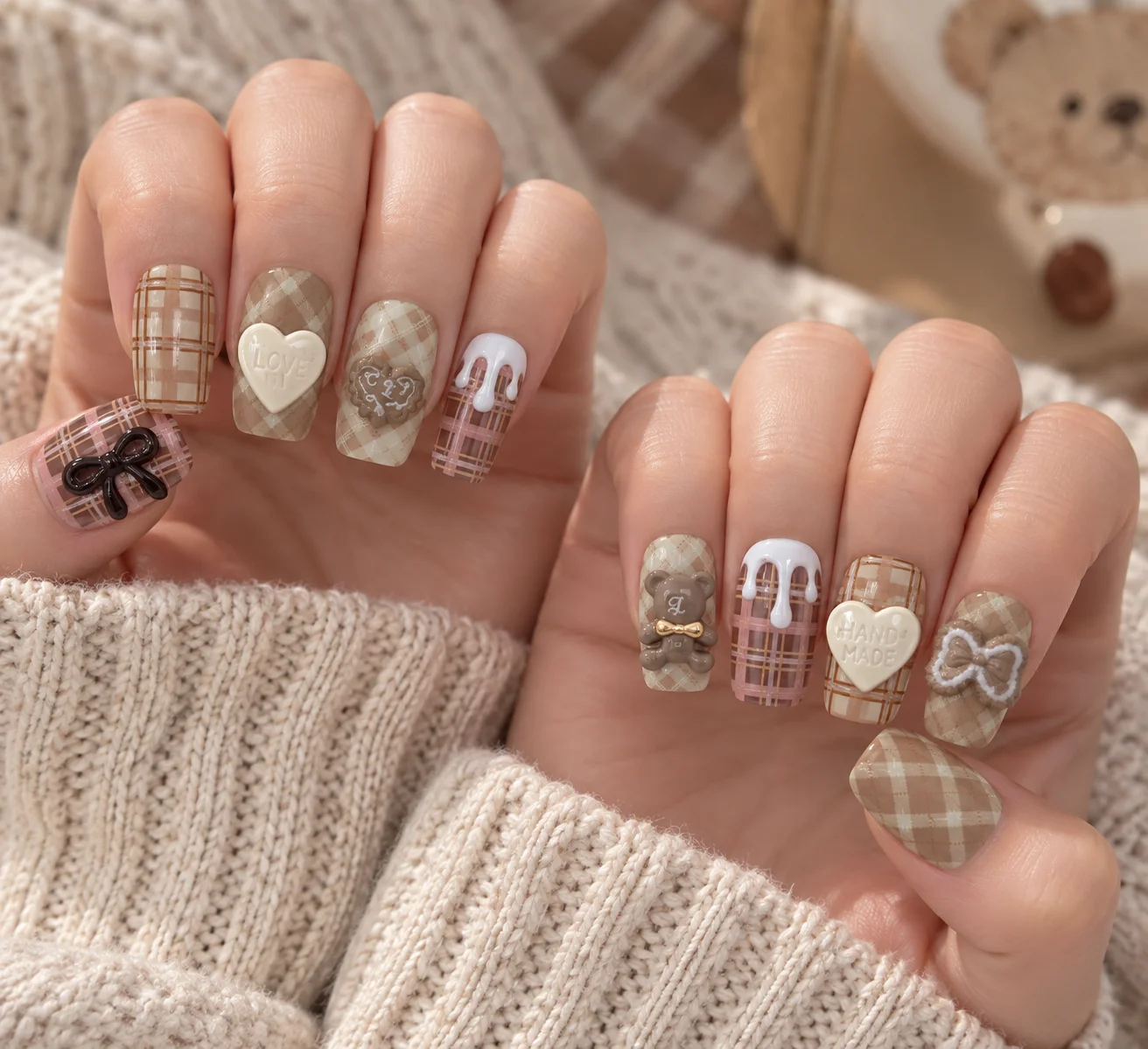 Checked Whisper | Vintage Plaid Heart Press-On Nails