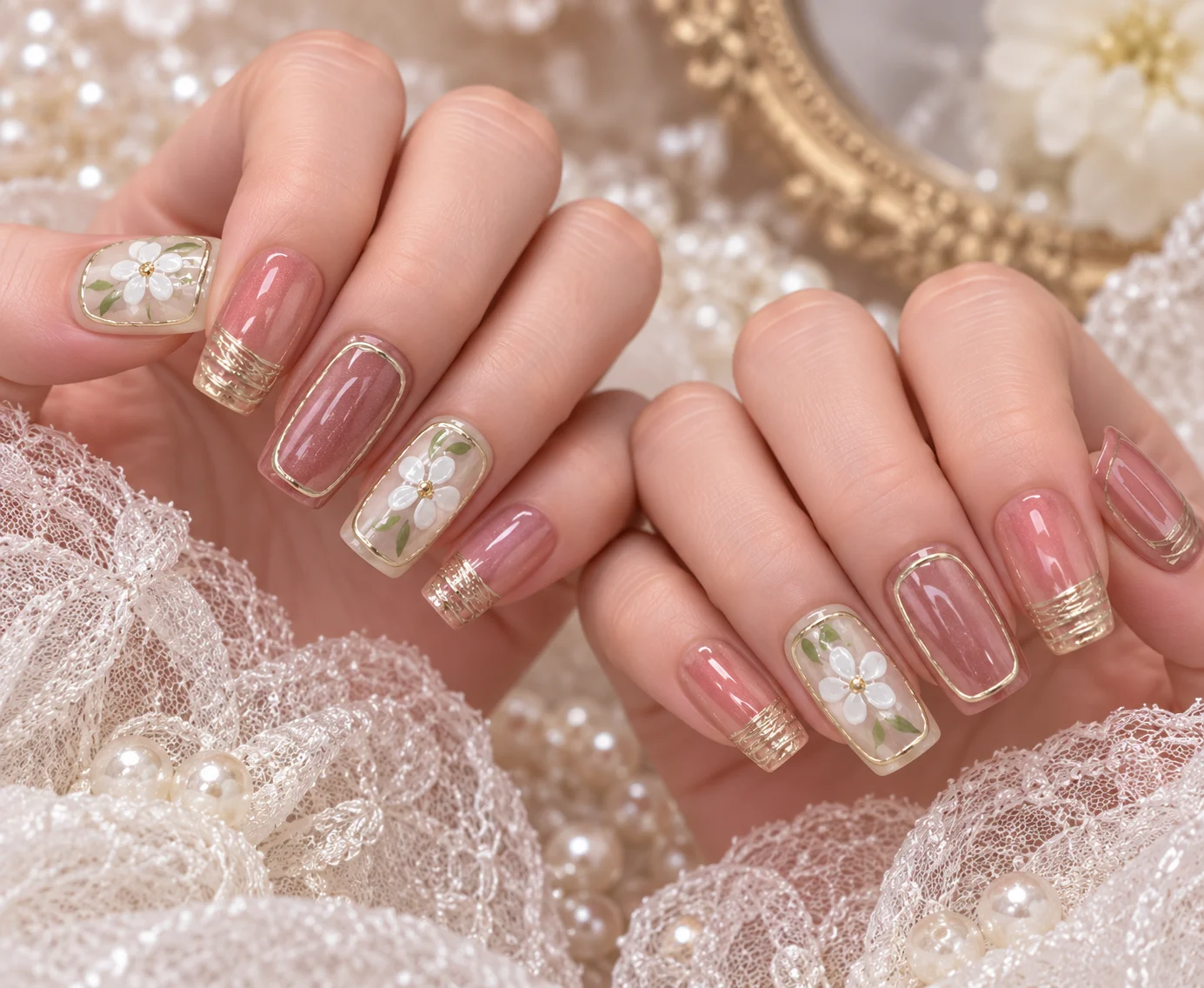 Vintage‑Frame Painted White Blossom | Beige Daisy Gold Press-On Nails