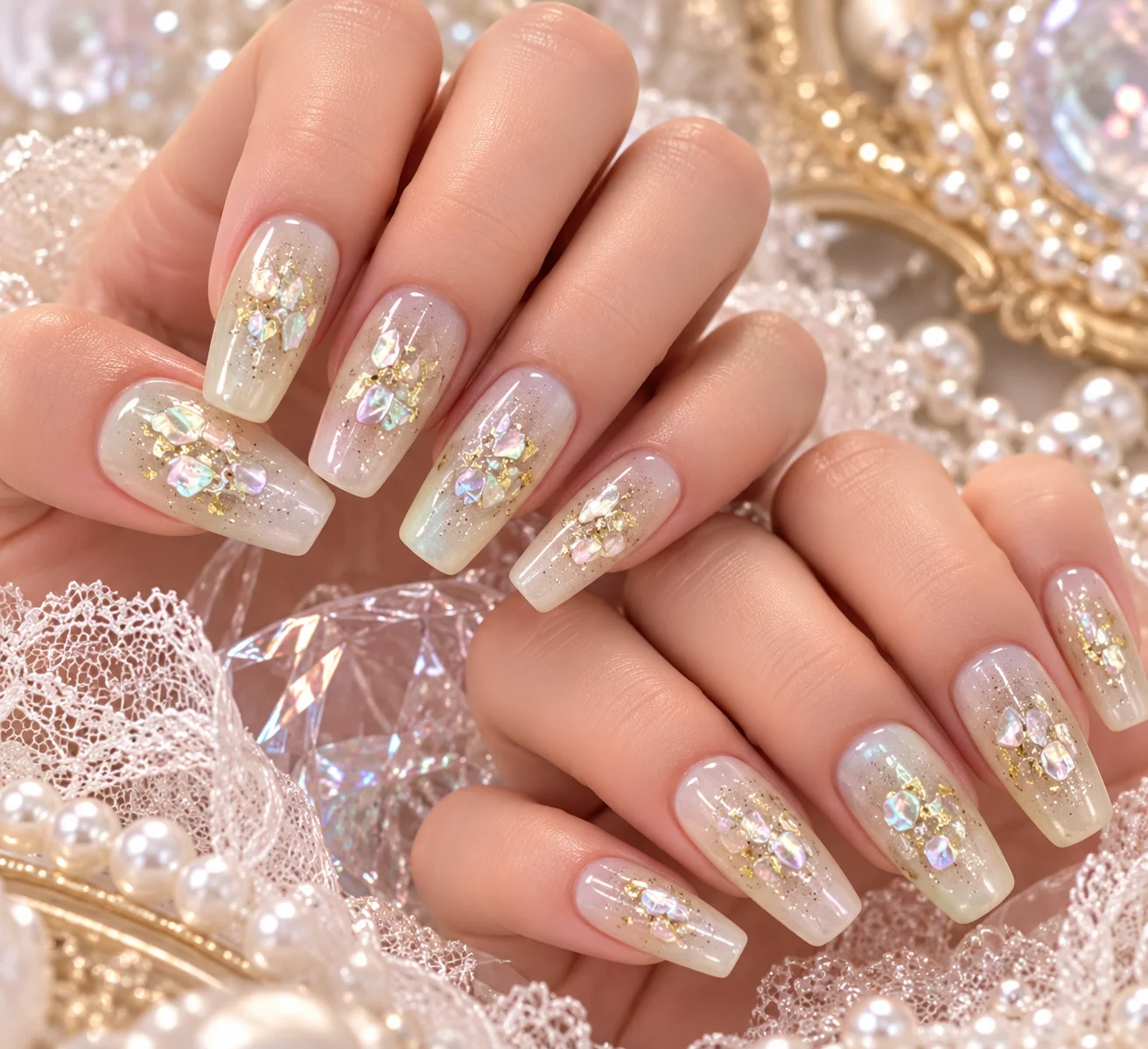 Champagne Adorned | Beige Gold Pearl Press-On Nails