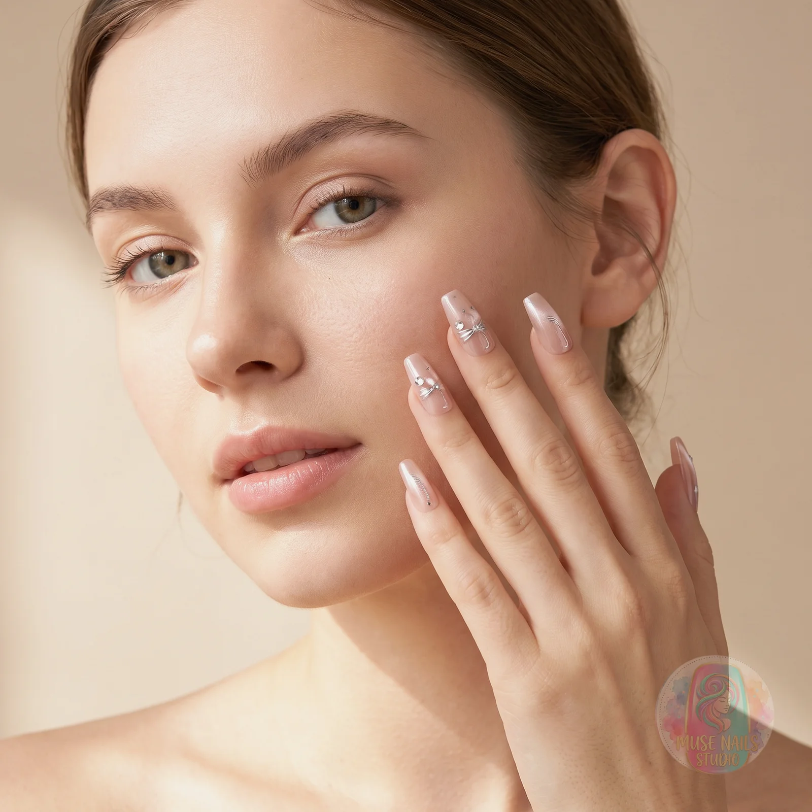 Milk Tea Nude | Blush Pink Rhinestone Bow Press-On Nails