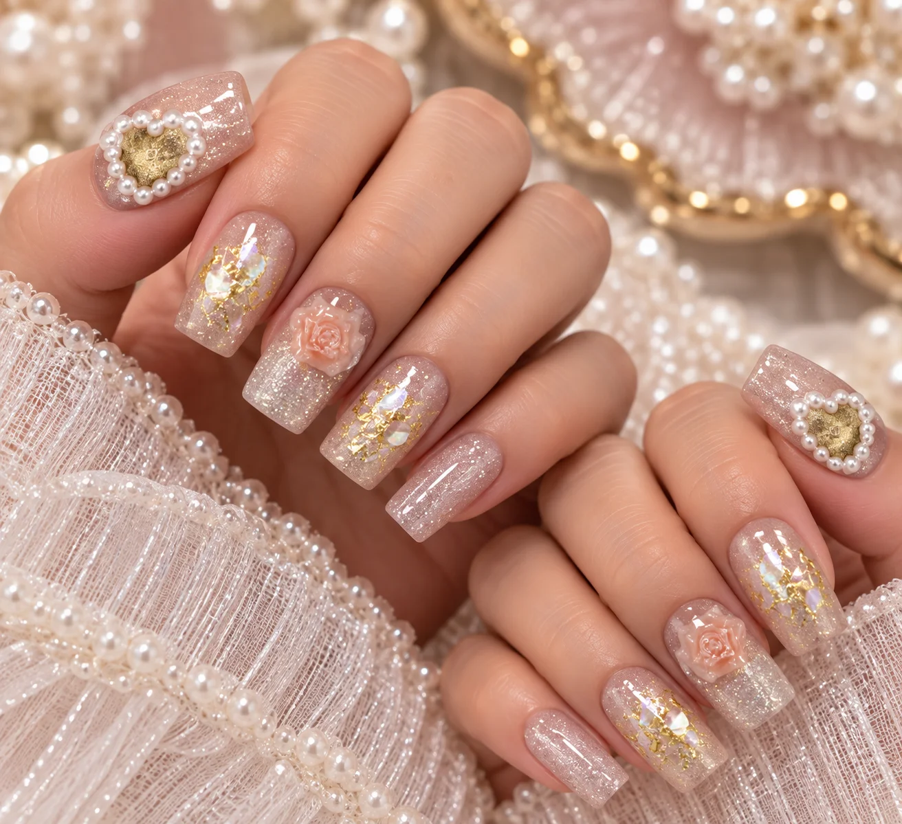 Honeyed Heart | Nude Pink Rose Gold Heart Press-On Nails