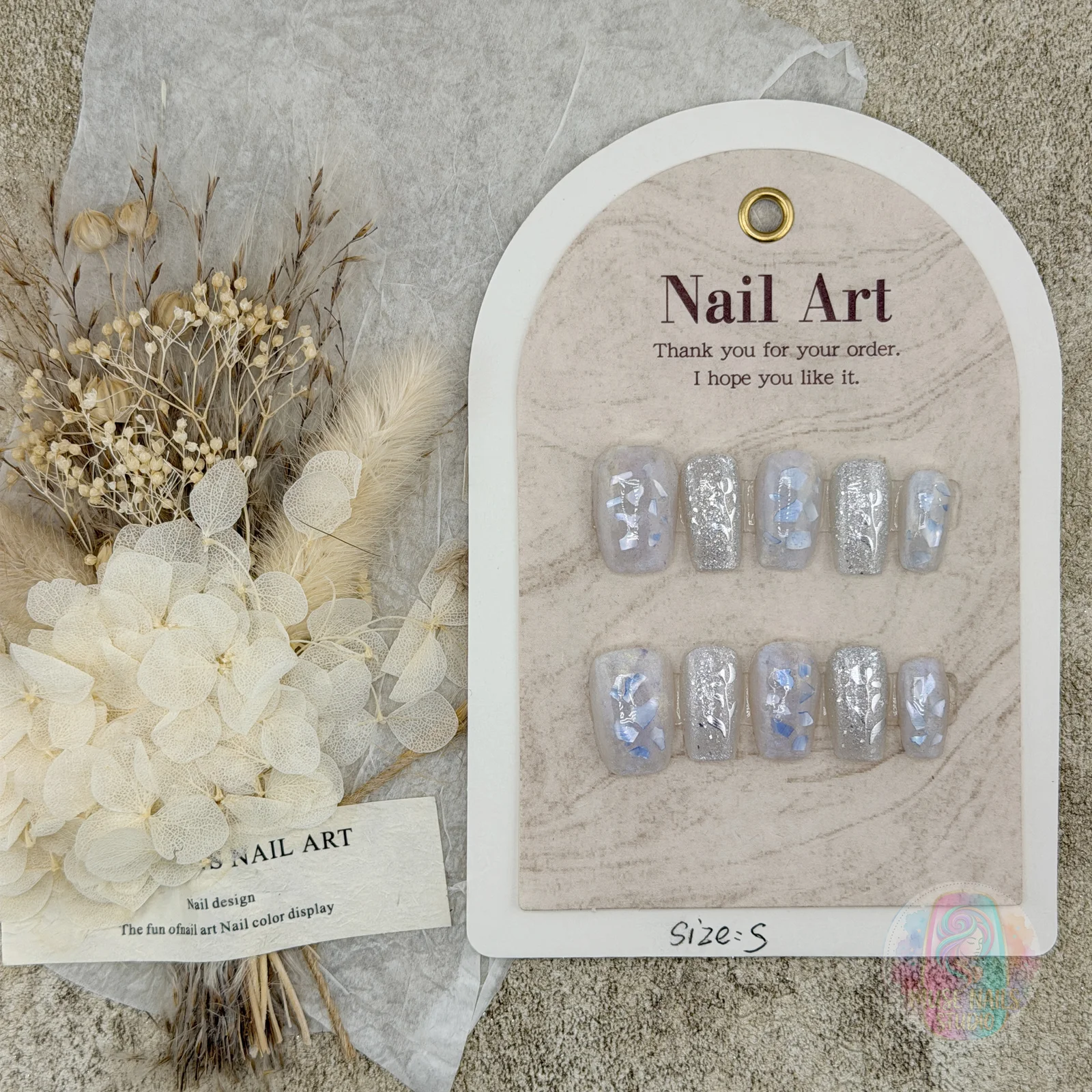 Blue Mist | Pale Blue Glitter Floral Press-On Nails