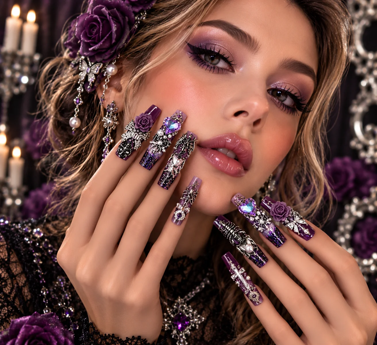 Gothic Purple Rose | Gothic Purple & Black Rose Shaker Press-On Nails