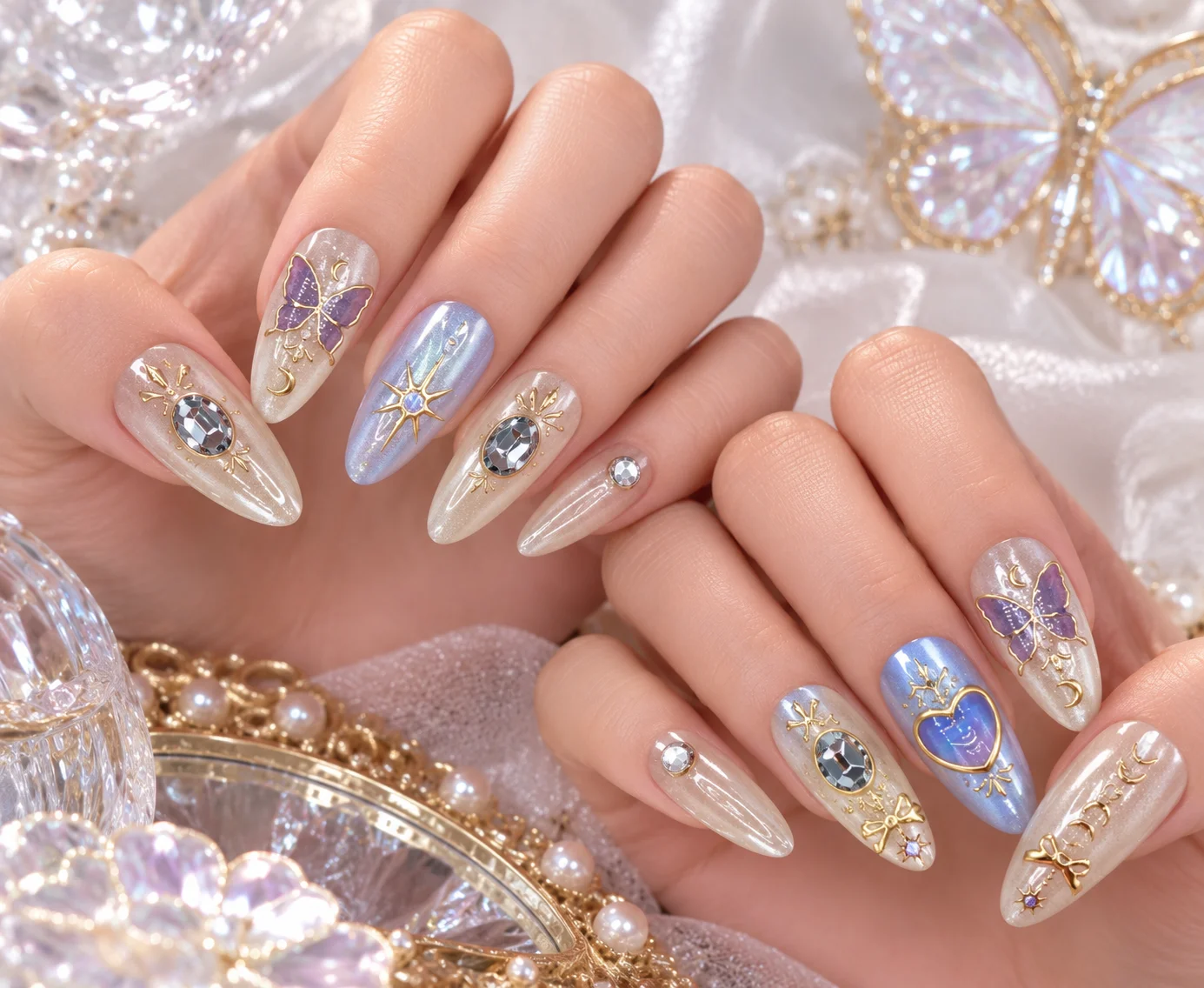 Moon‑Star‑Dream Lavender‑Butterfly | Blue & White Heart Bow Press-On Nails