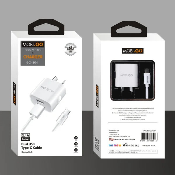 Mobigo 2.1A wall charger with USB-A to C combo