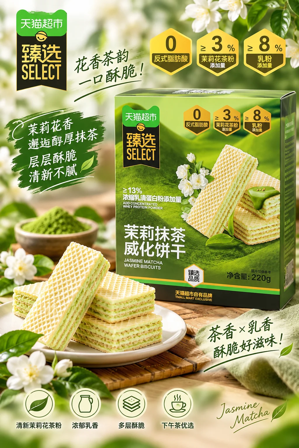 Tmall Supermarket Jasmine Matcha Wafer Biscuits 220g